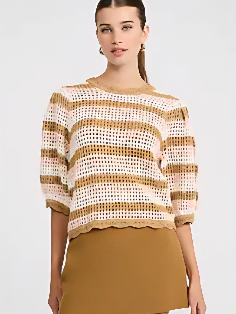 Express Cotton Open-Stitch Crochet Puff Sleeve Sweater